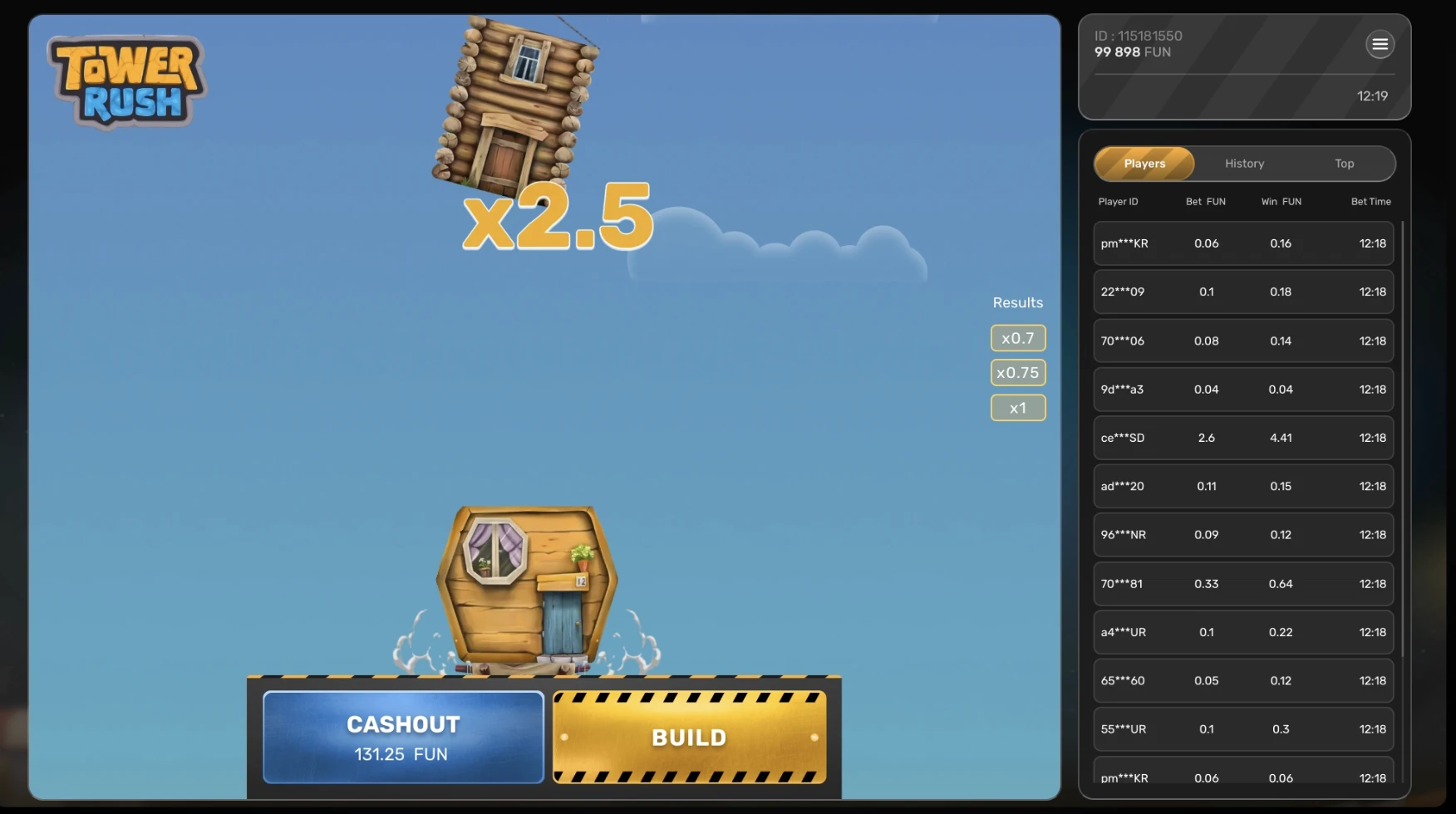 Torre in costruzione con moltiplicatore e cashout su Tower Rush